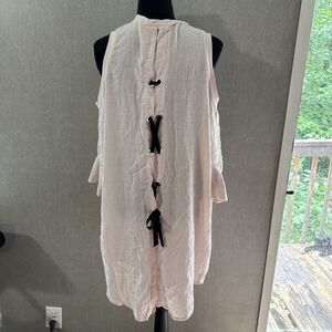 Made in Italy Blush Pink Linen Lace Up Grommet Back Cold Shoulder Tunic Top XL
